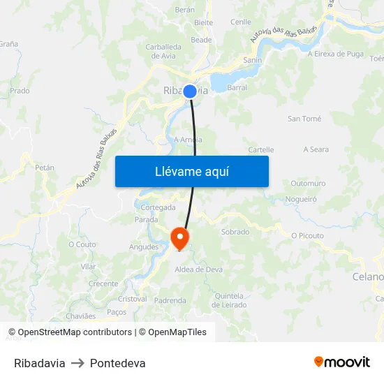 Ribadavia to Pontedeva map