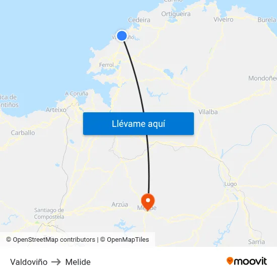 Valdoviño to Melide map