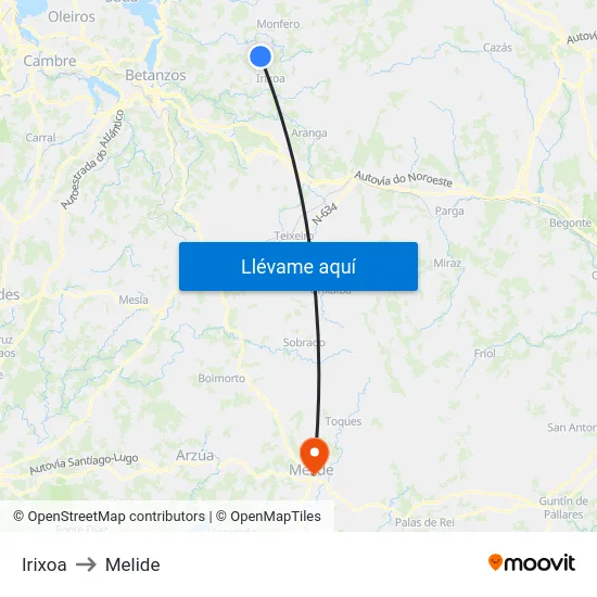 Irixoa to Melide map