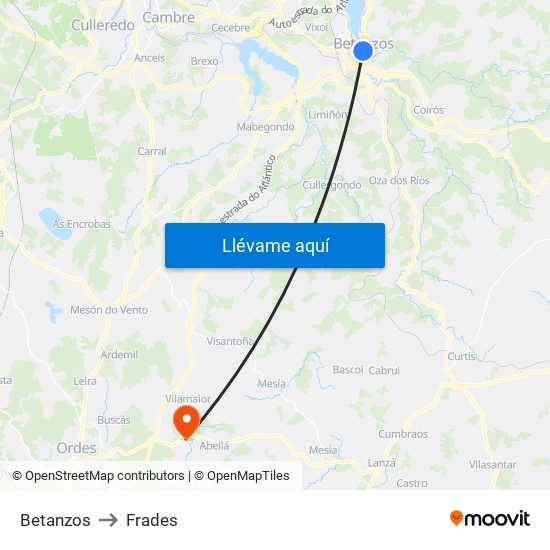 Betanzos to Frades map