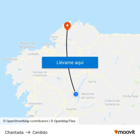 Chantada to Cerdido map