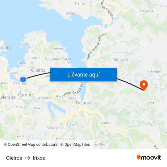 Oleiros to Irixoa map
