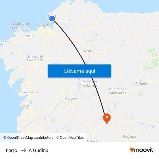 Ferrol to A Gudiña map
