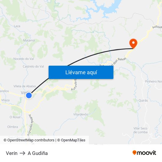Verín to A Gudiña map