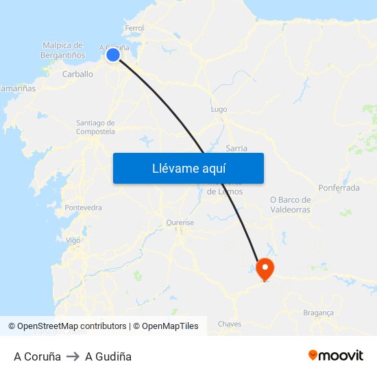A Coruña to A Gudiña map
