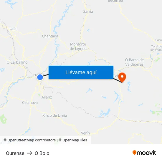 Ourense to O Bolo map