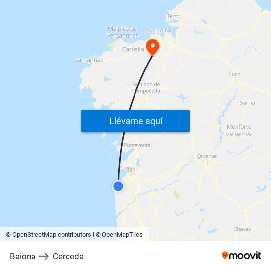 Baiona to Cerceda map