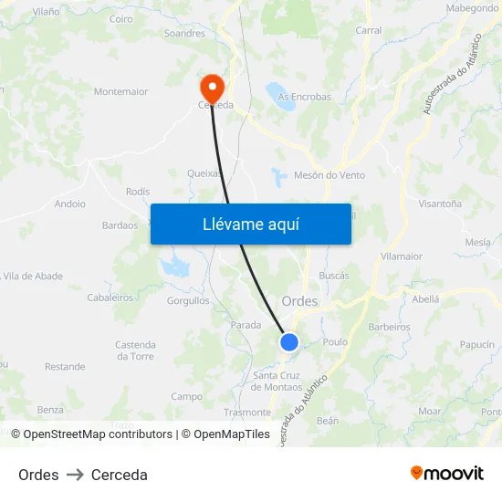 Ordes to Cerceda map