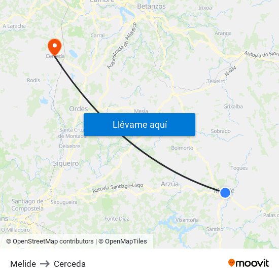 Melide to Cerceda map