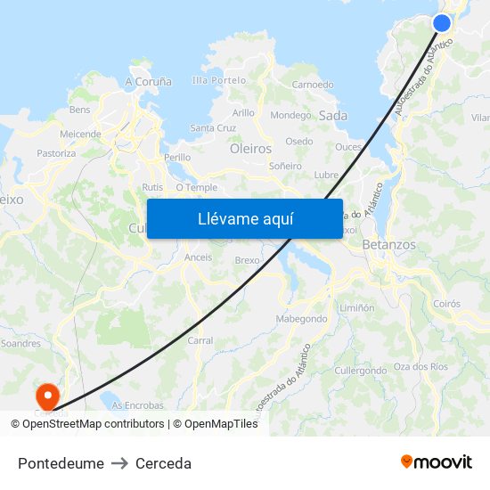 Pontedeume to Cerceda map