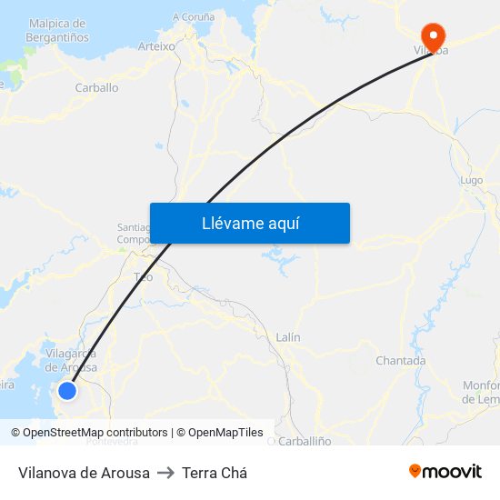 Vilanova de Arousa to Terra Chá map