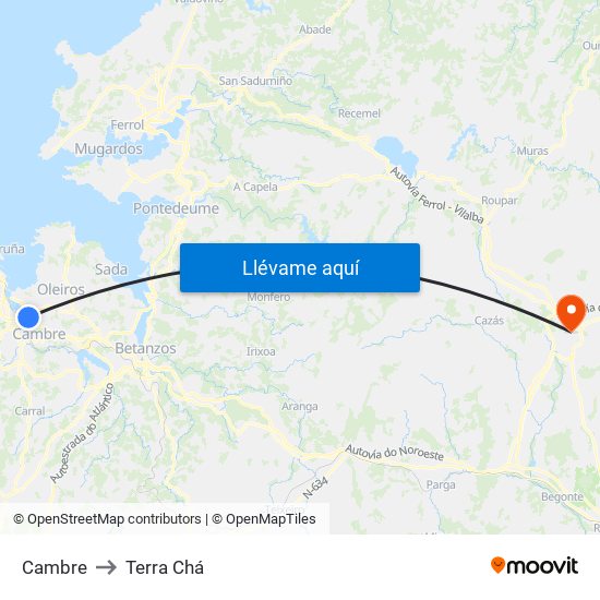Cambre to Terra Chá map