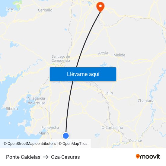 Ponte Caldelas to Oza-Cesuras map