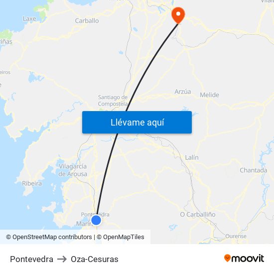 Pontevedra to Oza-Cesuras map