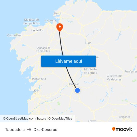 Taboadela to Oza-Cesuras map