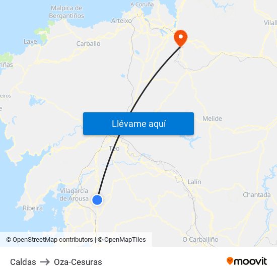 Caldas to Oza-Cesuras map
