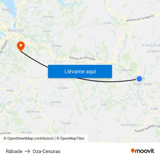 Rábade to Oza-Cesuras map