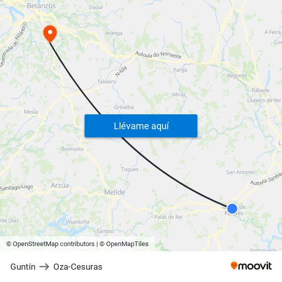 Guntín to Oza-Cesuras map