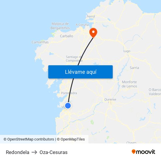 Redondela to Oza-Cesuras map