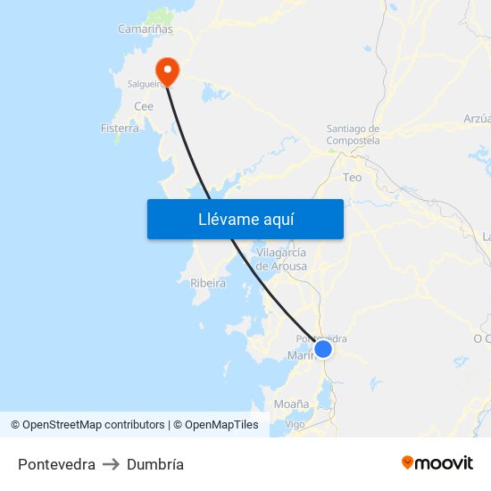 Pontevedra to Dumbría map