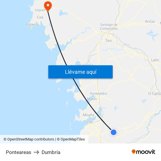 Ponteareas to Dumbría map