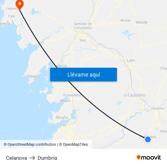 Celanova to Dumbría map