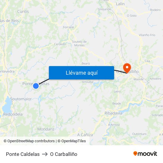 Ponte Caldelas to O Carballiño map