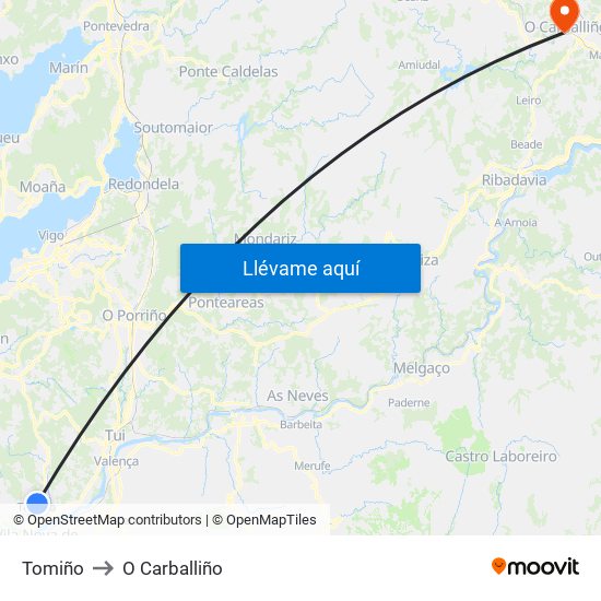 Tomiño to O Carballiño map