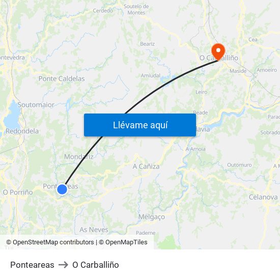 Ponteareas to O Carballiño map