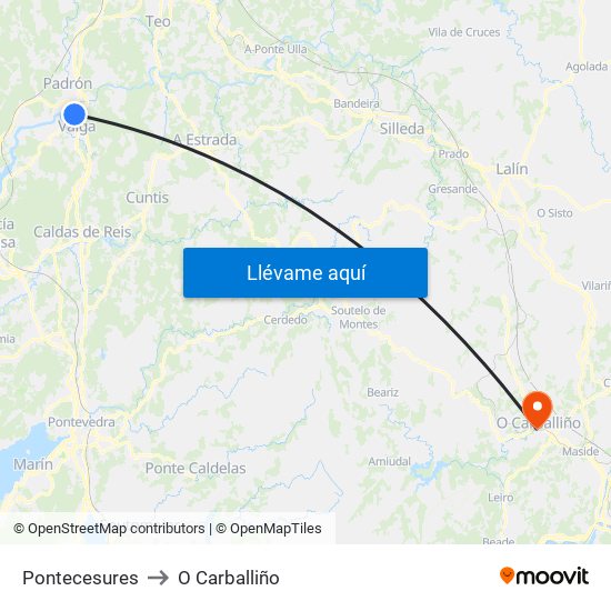 Pontecesures to O Carballiño map