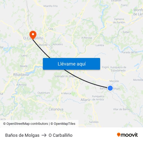 Baños de Molgas to O Carballiño map