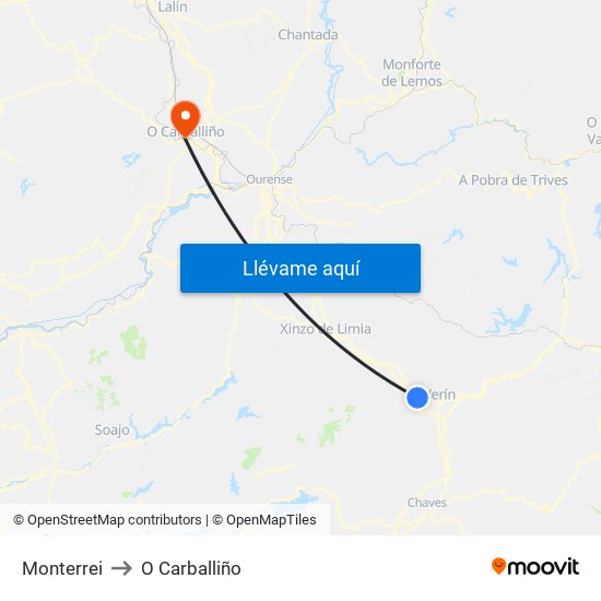 Monterrei to O Carballiño map