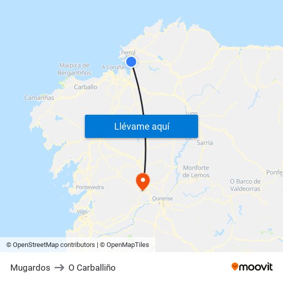 Mugardos to O Carballiño map