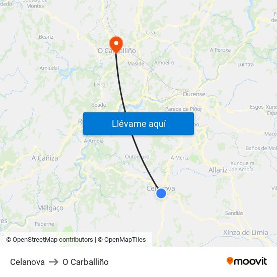 Celanova to O Carballiño map