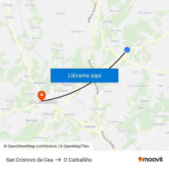 San Cristovo de Cea to O Carballiño map