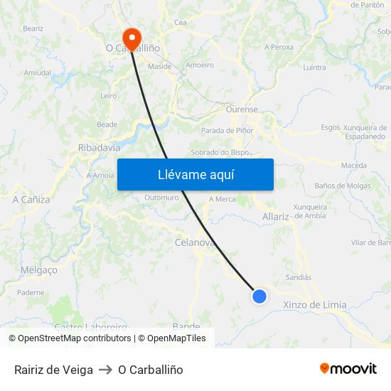 Rairiz de Veiga to O Carballiño map