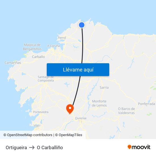 Ortigueira to O Carballiño map