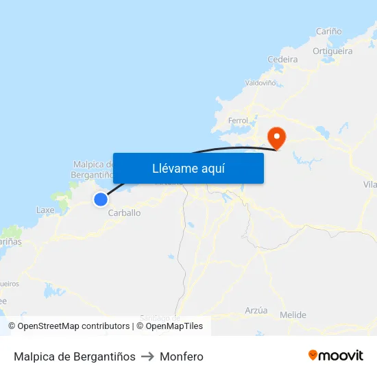 Malpica de Bergantiños to Monfero map