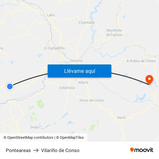 Ponteareas to Vilariño de Conso map