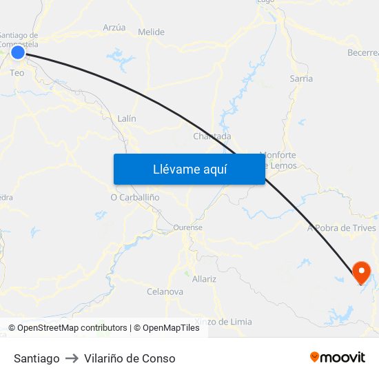 Santiago to Vilariño de Conso map