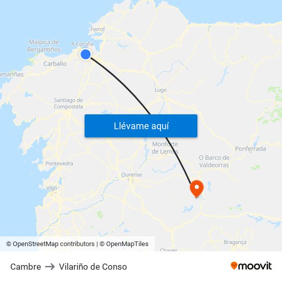 Cambre to Vilariño de Conso map