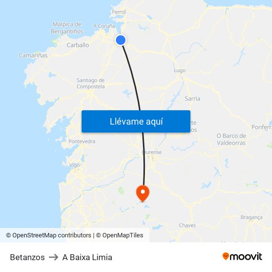 Betanzos to A Baixa Limia map