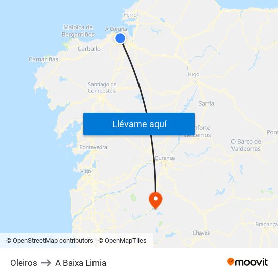 Oleiros to A Baixa Limia map