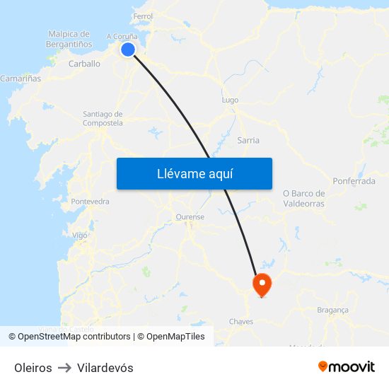 Oleiros to Vilardevós map
