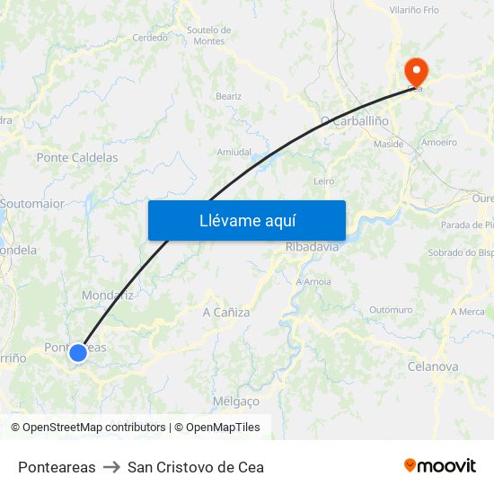 Ponteareas to San Cristovo de Cea map