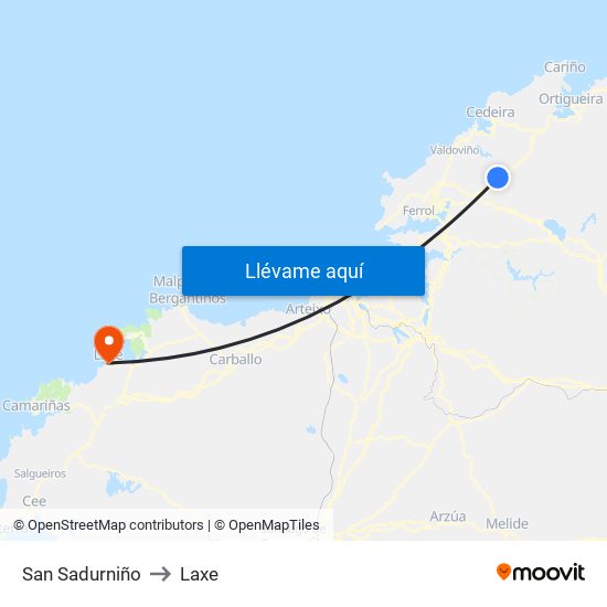 San Sadurniño to Laxe map