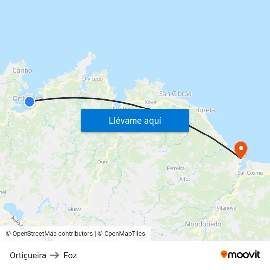 Ortigueira to Foz map