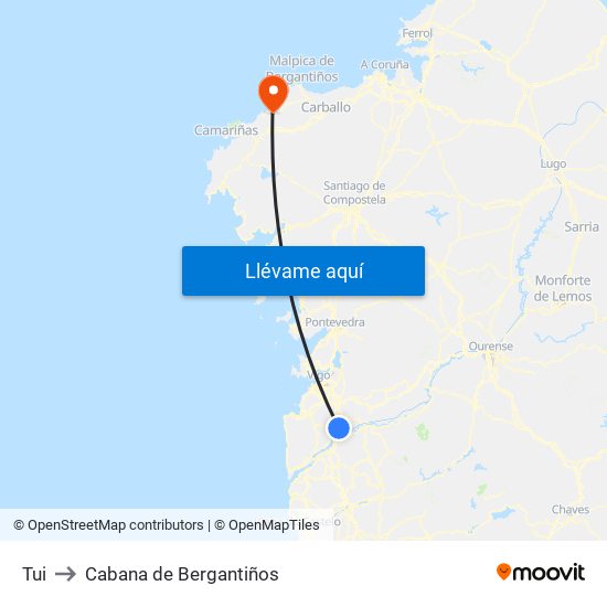 Tui to Cabana de Bergantiños map