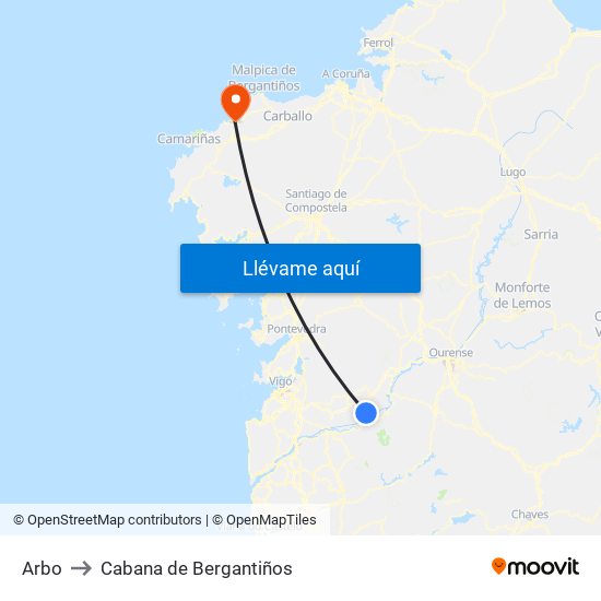 Arbo to Cabana de Bergantiños map