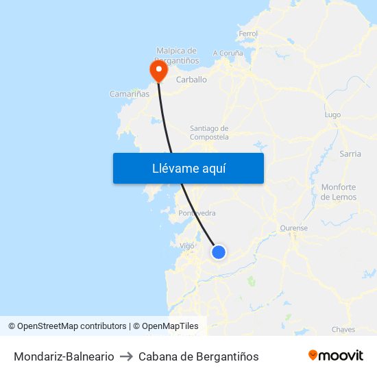 Mondariz-Balneario to Cabana de Bergantiños map